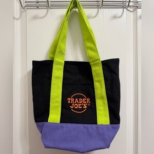 Trader Joe's Black Canvas Tote with Neon Green Handles and Purple Base